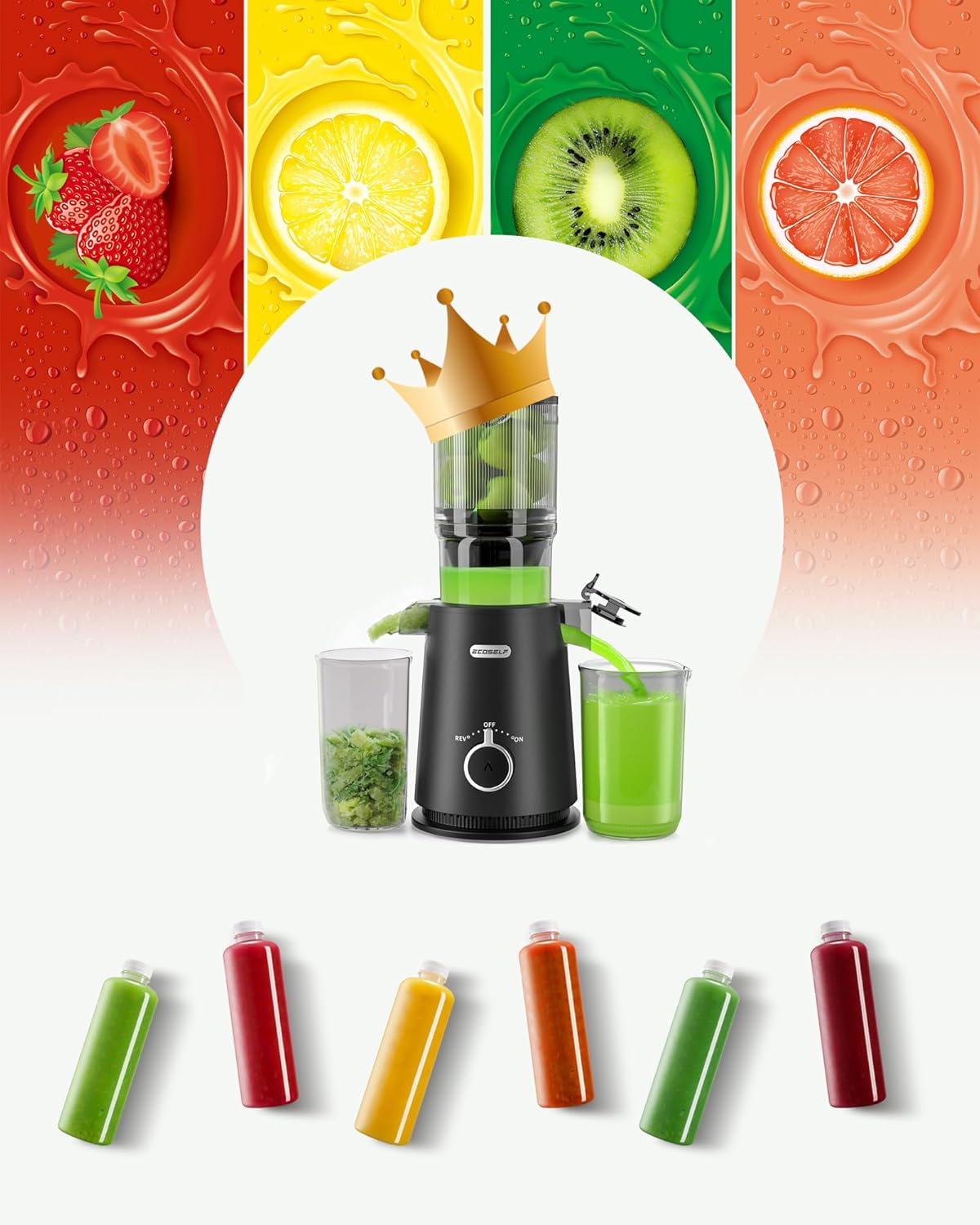 Juicer Machines, ECOSELF Large Feed Chute for Family Needs, Professional Hands Free Cold Press Juicer For Whole Fruits & Vegetables, Self Feeding for Juice Extractor Machine, Easy to Clean
