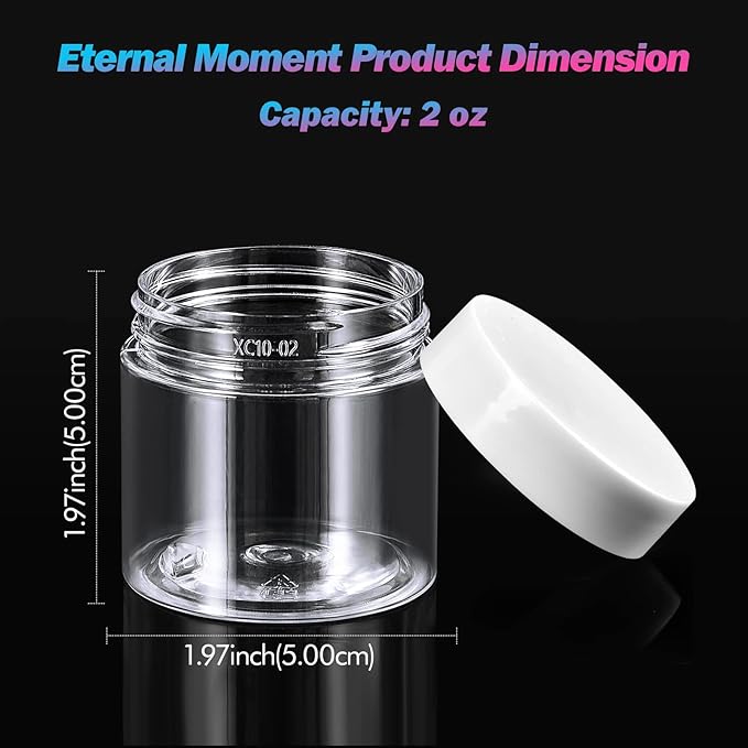 50 Pack 2 OZ Plastic Jars Round Clear Cosmetic Container Jar with White Lids, Eternal Moment Plastic Slime Jars for Lotion, Cream, Ointments, Makeup, Eye shadow, Rhinestone, Samples, Travel Storage