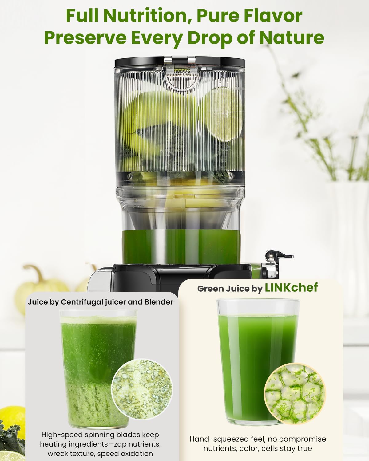 LINKChef Cold Press Juicer Machines for Vegetables and Fruits, 4.35" Wide Chute Masticating Juicer with Pulp Separator, Easy to Clean, BPA-Free, Compact Electric Slow Juice Extractor for Whole Fruit