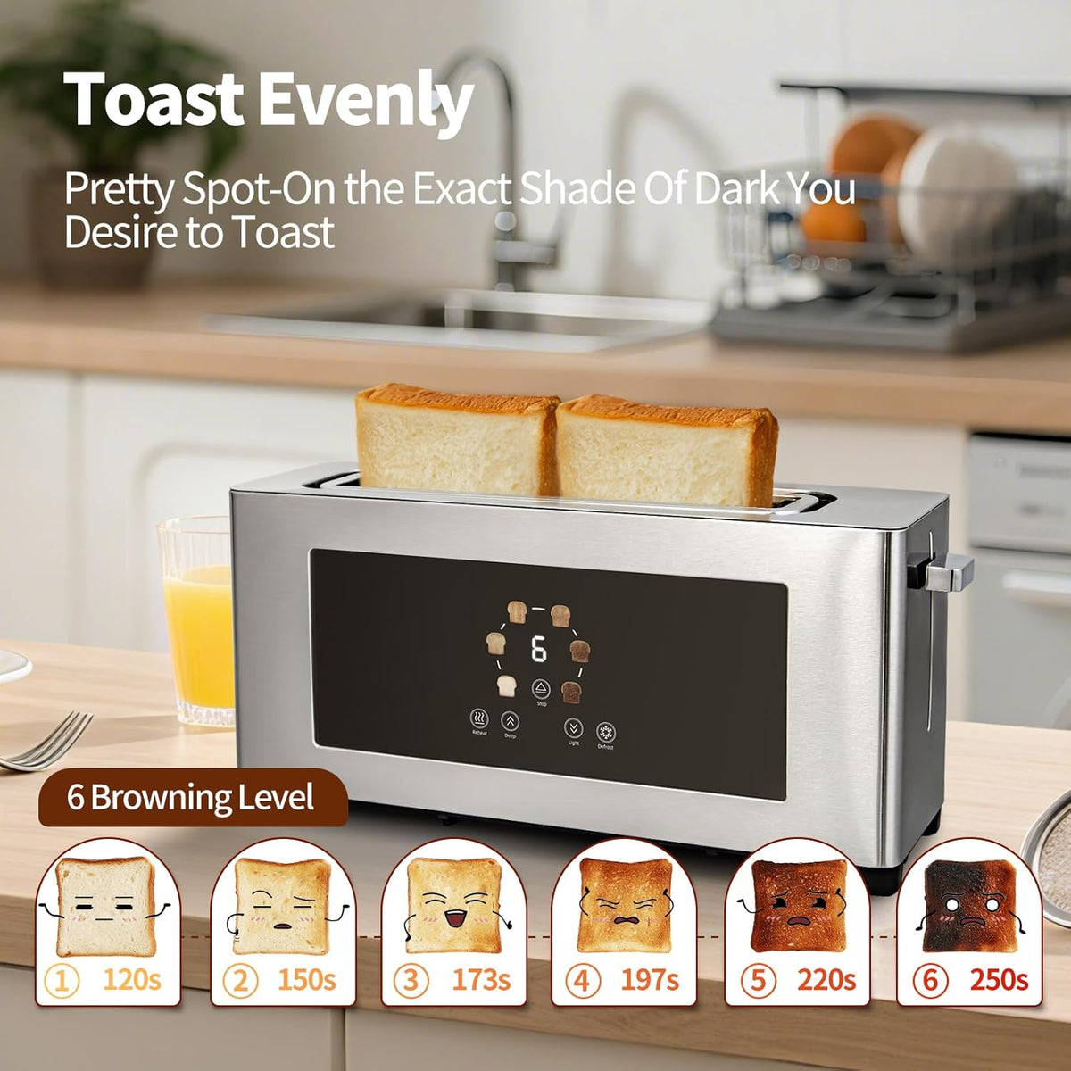 Touch Screen Toaster with LCD Display, Slim Toaster 2 Slice - Long 10" Slot for Baguettes & Extra Wide 1.6" Slot, 6 Browning Levels, 1200W, Space Saving