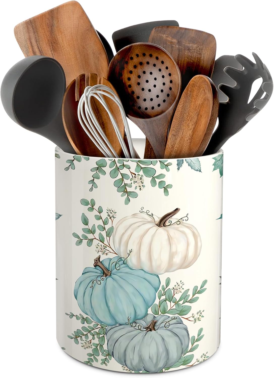 pinata Fall Kitchen Decor Ceramic Utensil Holder, Farmhouse Fall Eucalyptus Blue Pumpkin Utensils Holder, Ceramic Utensils Crock for Rustic Indoor Kitchen Decorations(6.3 Inches)