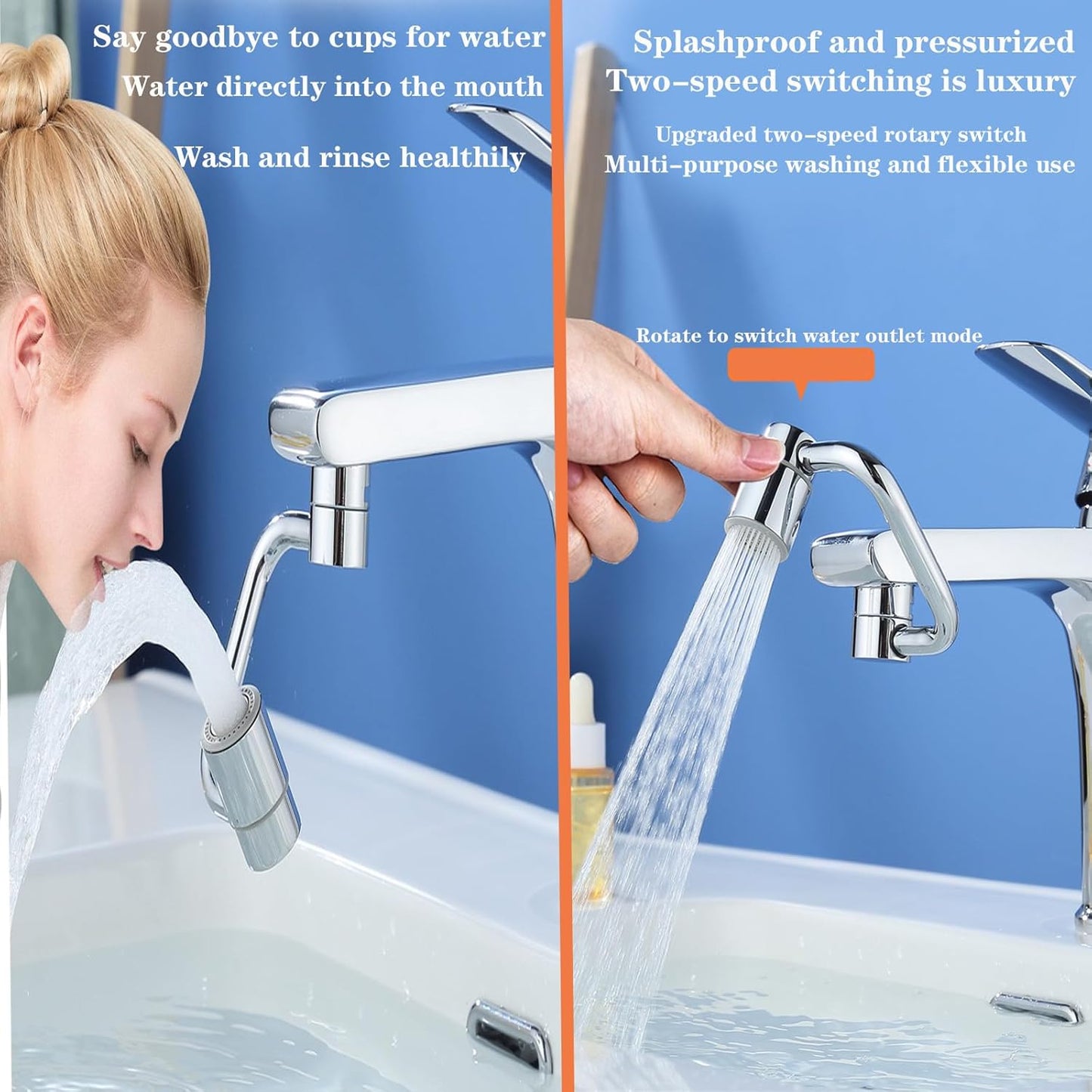 Universal Sink Faucet 1440° Rotatable Faucet Aerator Extension, U Shaped Faucet Extender for Toddlers, Flexiflow 1080° Rotating Faucet Extender for Bathroom Sink/Kitchen, 2 Modes Adjustable (2*Silver)