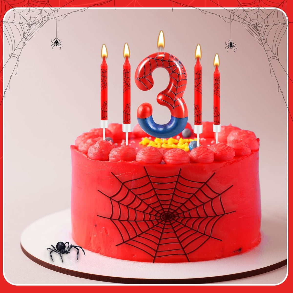 13 Pcs Spider Themed Birthday Candle Set Red Spider Theme Number 3 Candle Cake Topper for Boys Girls Birthday Decoration Spider Party Decoration Supplies (Number 3)