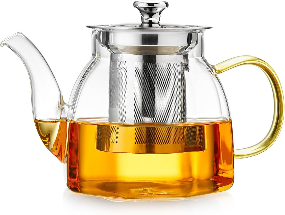 Glass Tea Pot with Stainless Steel Infuser and Lid (Octagonal), Clear Glass Teapot, Borosilicate Hydrochloric Glass Heat Resistant, Fine Glass Filter for Flower Tea, Tea Bags (27 oz / 800 ml)