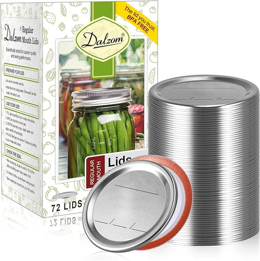 Dalzom® 72Pcs Canning Lids Regular Mouth, Premium Mason Jar Lids for Ball, Kerr Jars - Food Grade Material, 100% Fit & Airtight for Regular Mouth Mason Jars