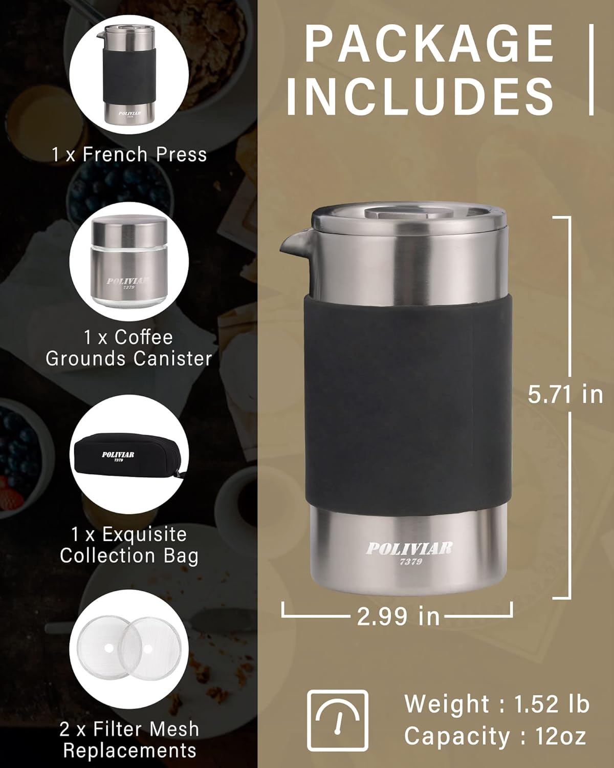 POLIVIAR French Press Coffee Maker, 12 oz Portable French Press with Mini Canister and Collection Bag, Double Wall Insulation & Dual- Filter Screen, Food Grade Stainless Steel for Coffee