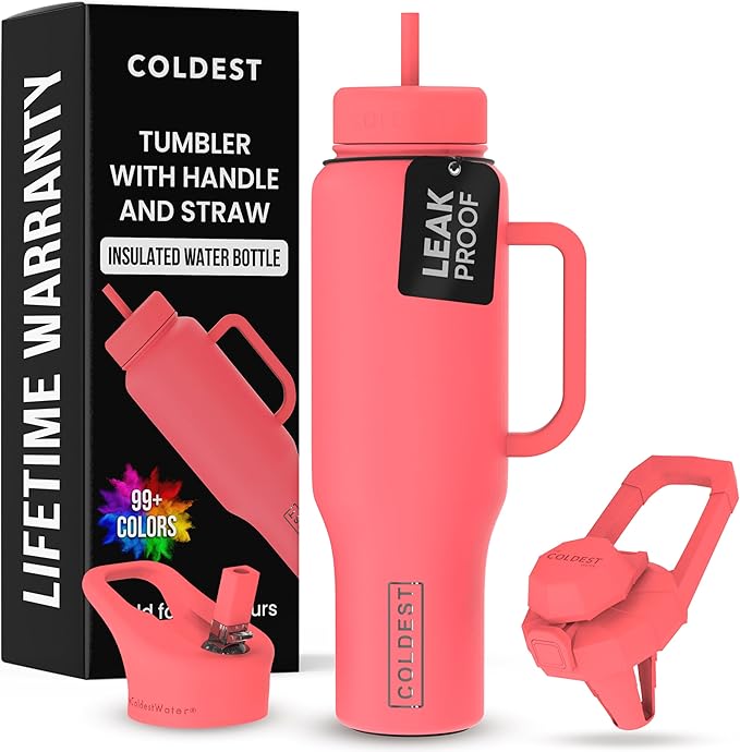 Coldest Tumbler with Handle and Straw - 100% Leak Proof Insulated Tumbler with Lid and Straw (3 Lids) - Stainless Steel Tumblers for Women & Men - Cup Holder Friendly Base, 46 oz (The Cardinal)