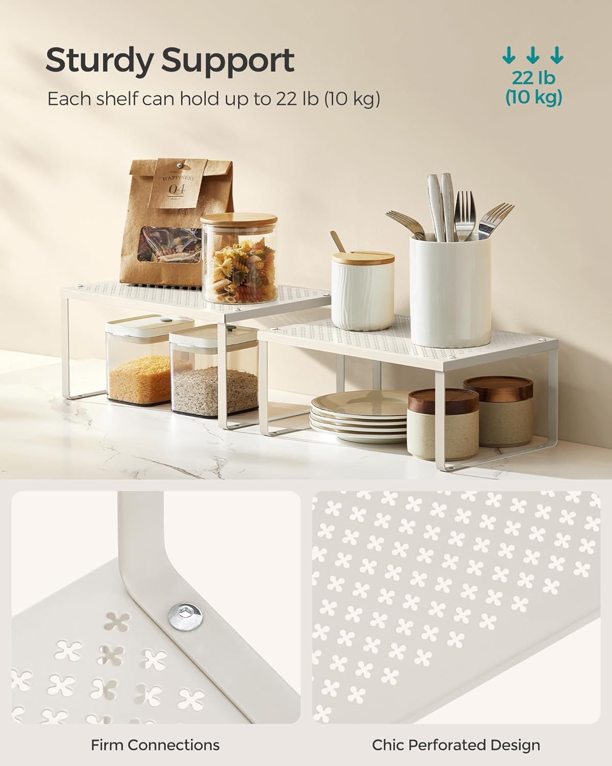 SONGMICS Spice Racks, Set of 4 Metal Cabinet Shelf Organizers, Countertop Organizers, Shelf Risers, Stackable, Expandable, Oatmeal Beige UKCS006K01