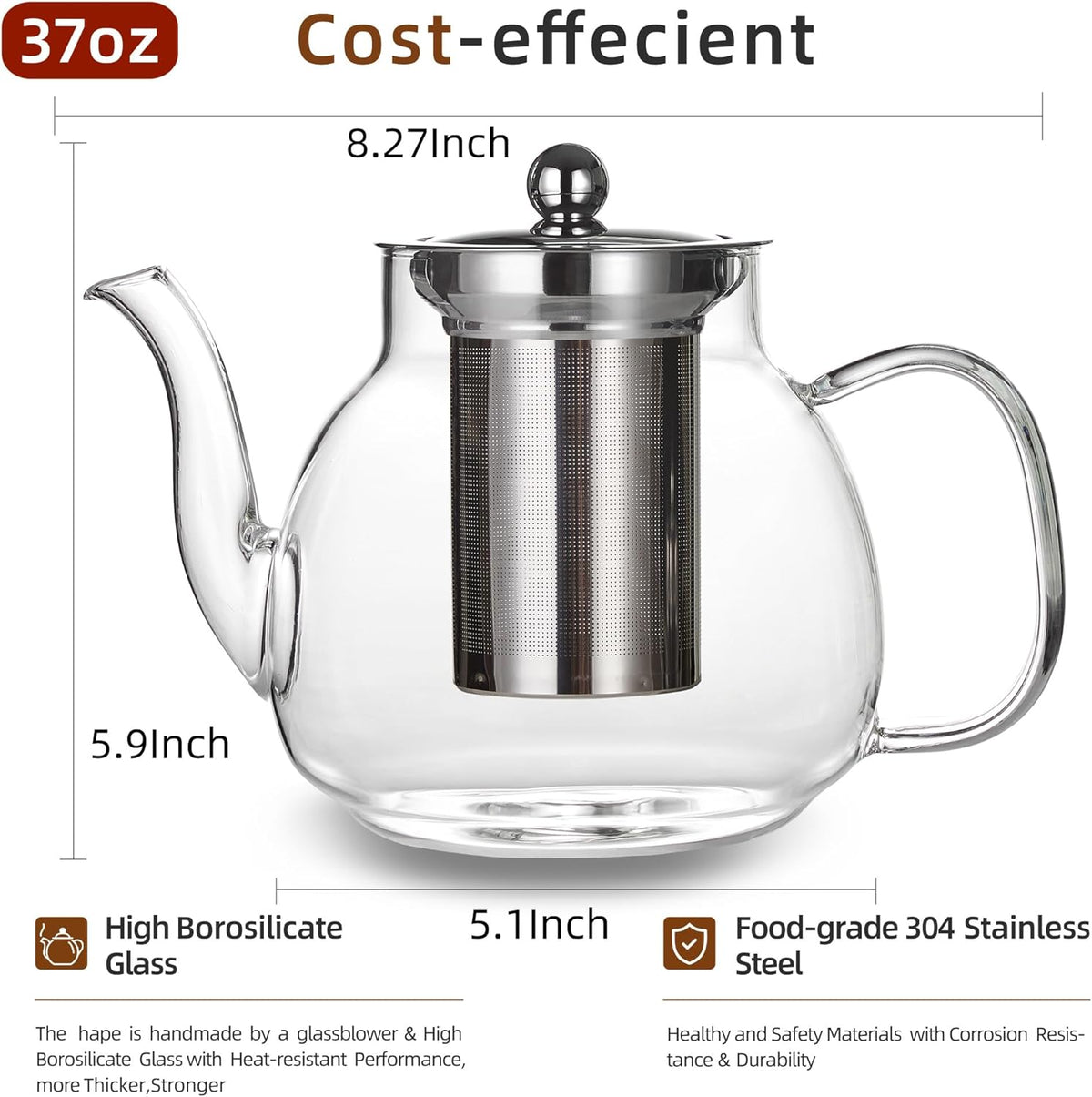 Glass Teapot with Removable Infuser - 37oz/1100ml Borosilicate Glass, Stovetop & Microwave Safe for Blooming & Loose Leaf Tea, Handmade Tea Maker Gift