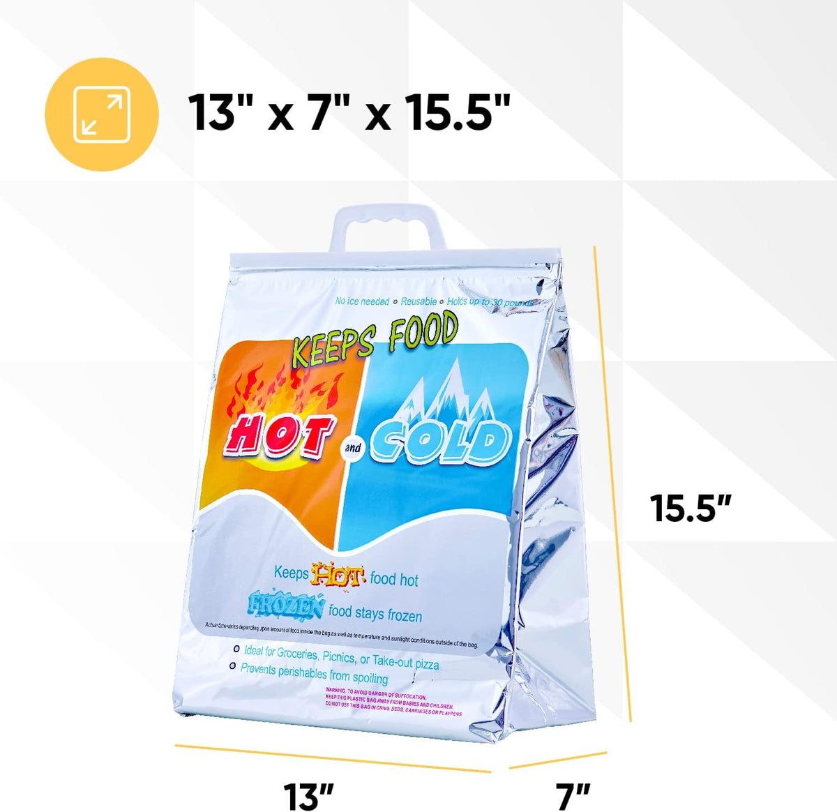 Superio Hot and Cold Insulated Bags for Food Delivery, Grocery Shopping Bags, Food Storage for Hot and Frozen Food for Travel, Disposable Cooler Bag, Reinforced Thermal Lunch Bag (2, 13"x7"x15.5")