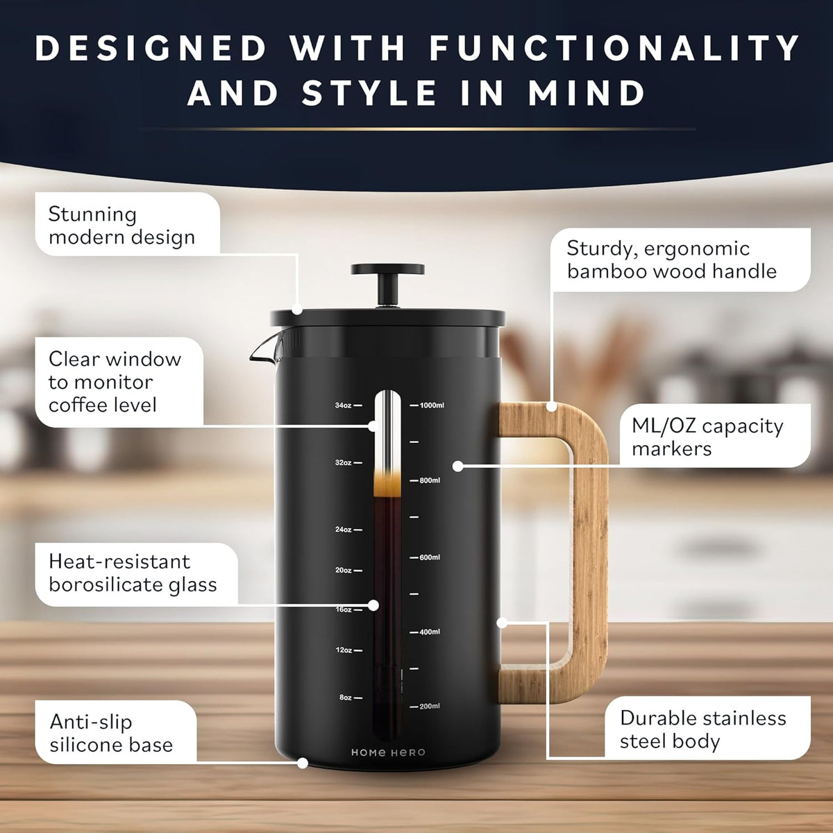Home Hero French Press Coffee Maker - 34 oz Coffee Press with Bamboo Wood Handle, Heat Resistant Thick Borosilicate Glass French Presses, 4 Layer Filter, French Press Stainless Steel (Black)