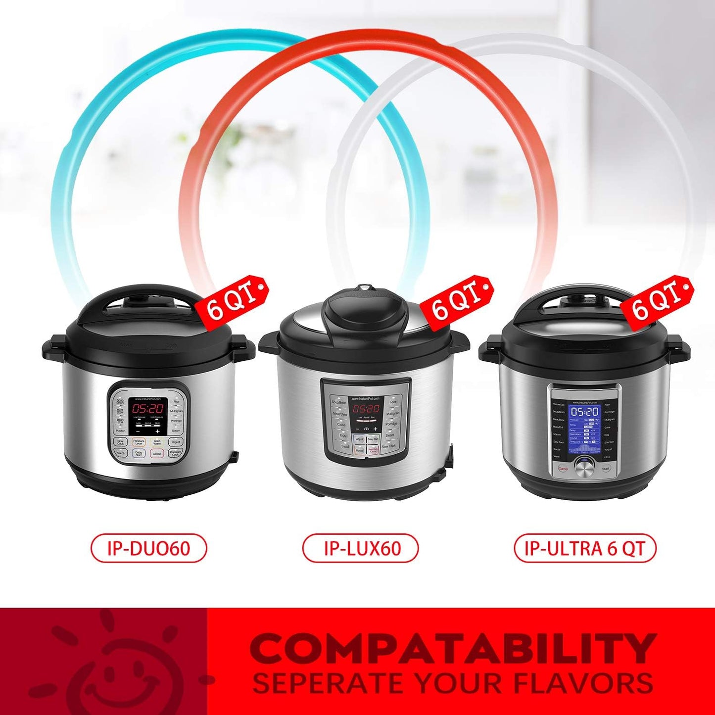 Silicone Sealing Ring, 3Pack,Sky Blue & Cherry Red & Transparent White, Fit for Instant Pot 5/6 Quart Models, (Duo ,Lux ,Duo Plus ,Ultra , Viva )Fit for 5qt / 6qt, Dishwasher Safe.
