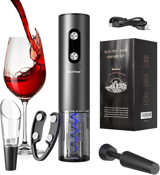 Marchpower Electric Wine Bottle Opener, Cordless Rechargable Automatic Red Wine Corkscrew with Aerator Pourer, Foil Cutter, Vacuum Preservation Stopper and Base, Home Bar Accessories for Wine Lovers