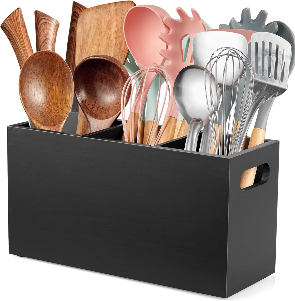 ALELION Black Kitchen Utensil Holder for Countertop - Wooden Large Utensil Caddy Organizer for Counter - 3 Compartment Cooking Utensil Crock for Silverware Spoon Spatula