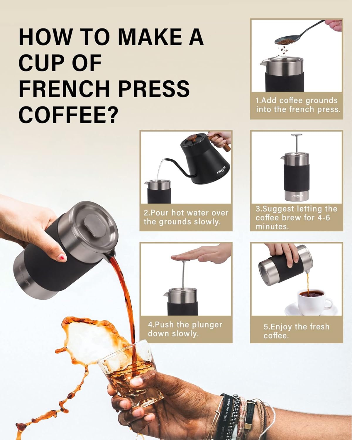 POLIVIAR French Press Coffee Maker, 12 oz Portable French Press with Mini Canister and Collection Bag, Double Wall Insulation & Dual- Filter Screen, Food Grade Stainless Steel for Coffee