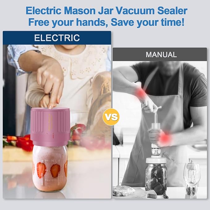 LOVE MOMENT Electric Mason Jar Vacuum Sealer Kit for Wide Mouth and Regular Mouth Mason Jar - Pink