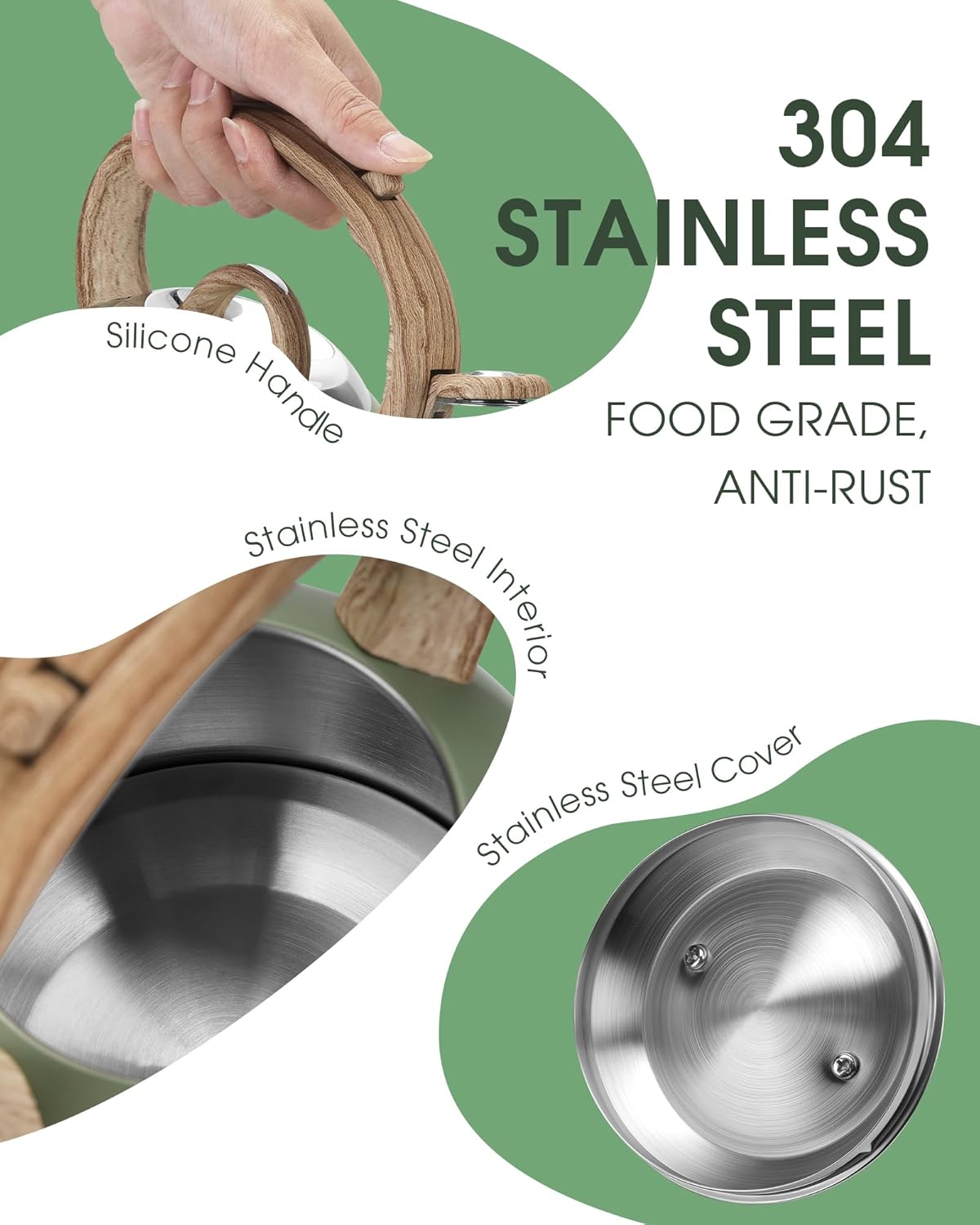 Tea Kettle Stovetop, 2.1 Quart Stove Top Whistling Tea Kettle, Teapot Kettles with Food Grade Stainless Steel and Wood Pattern Folding Handle, Suitable for All Heat Sources