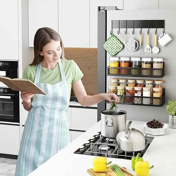 Magnetic Spice Rack for Refrigerator, 3 Pack Magnetic Shelf, Moveable Fridge Organizer with 8-Hook Rack, Seasoning Organizer for Kitchen