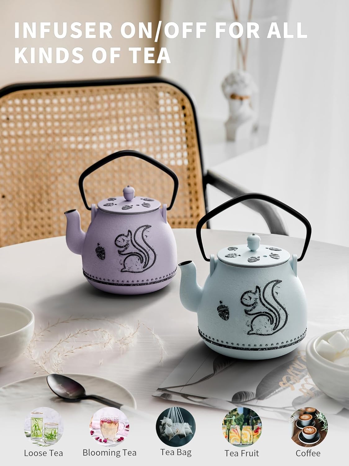 Toptier Teapot with Removable Infuser, Cast Iron Tea Kettle Stovetop Safe, Squirrel Design Tea Pot Coated with Enameled Interior for 32 Ounce (950 ml), Light Blue