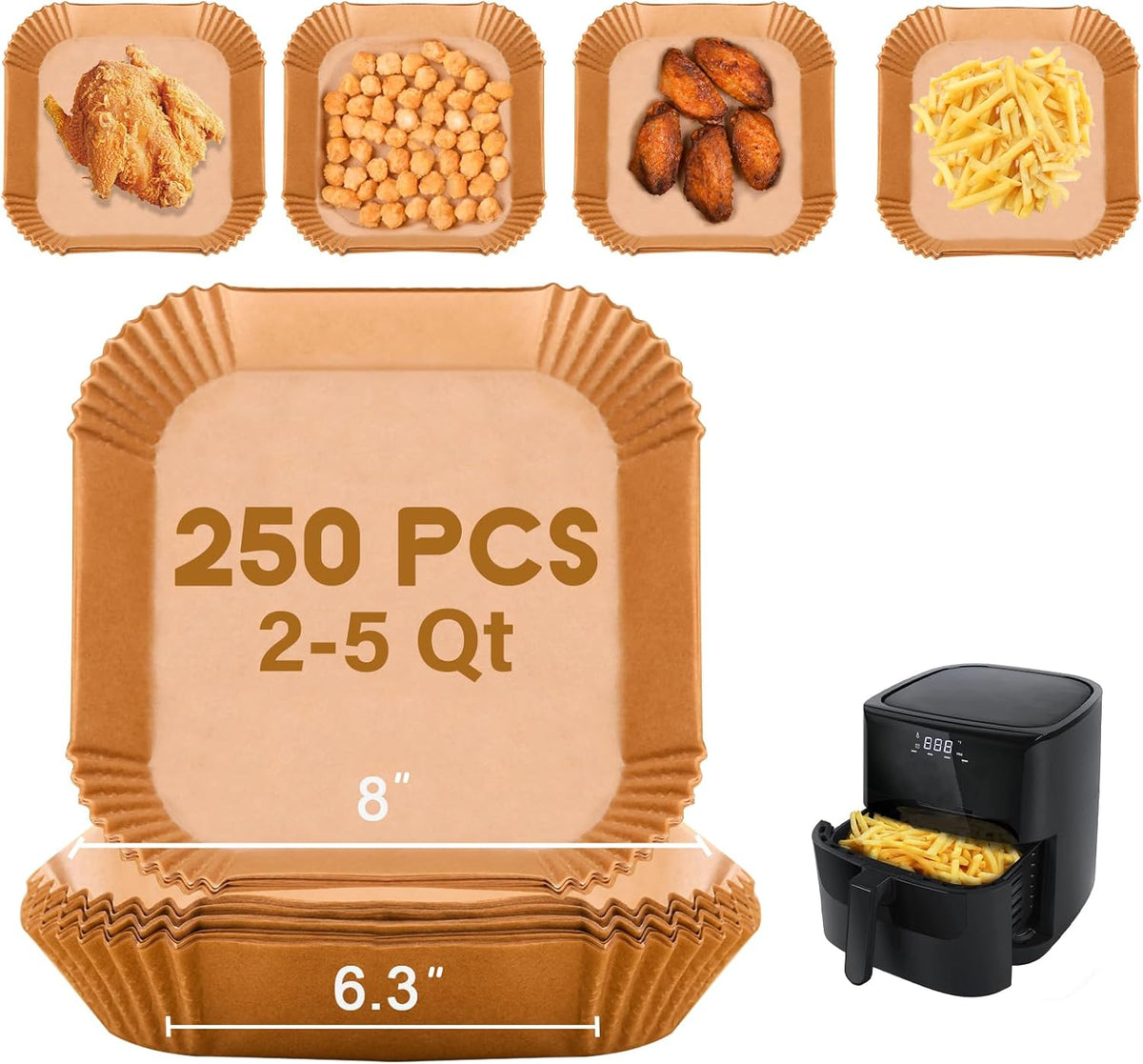 Disposable Paper Liner Square 250 Pcs for 2 to 5 Qt Air Fryer Baskets, Non-stick Oil-proof Parchment Liner Cooking Paper