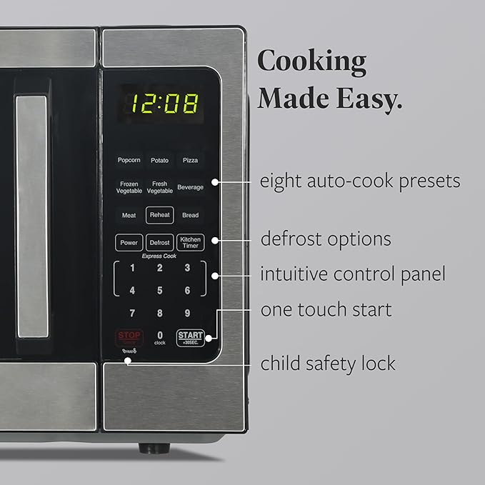 Farberware 0.9 Cu. Ft. Countertop Microwave Oven – 900 Watts Power, Auto Cook Settings, Defrost, Easy Clean and Child Safety Lock - Stainless Steel