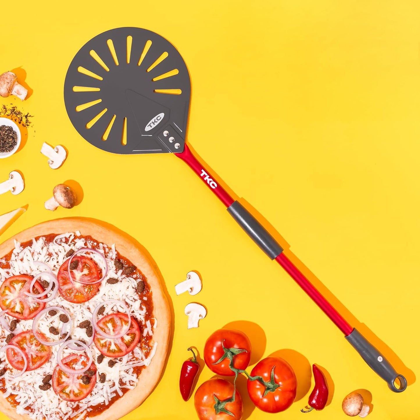 TKC 9" Perforated Pizza Peel, Professional Aluminum Pizza Turning peel, Long Handle Metal Pizza Spatula for Indoor and Outdoor, Lightweight Non-Stick Pizza Turner - Pizza Oven Accessories RED