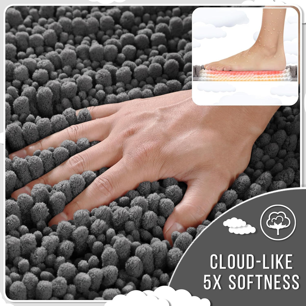 Yimobra Bathroom Rugs Non Slip Washable 32x20 Inch - Ultra Soft Absorbent Chenille Bath Mat, Quick Dry Shaggy Floor Carpet for Tub Shower, Dark Gray Home Decor Accessories
