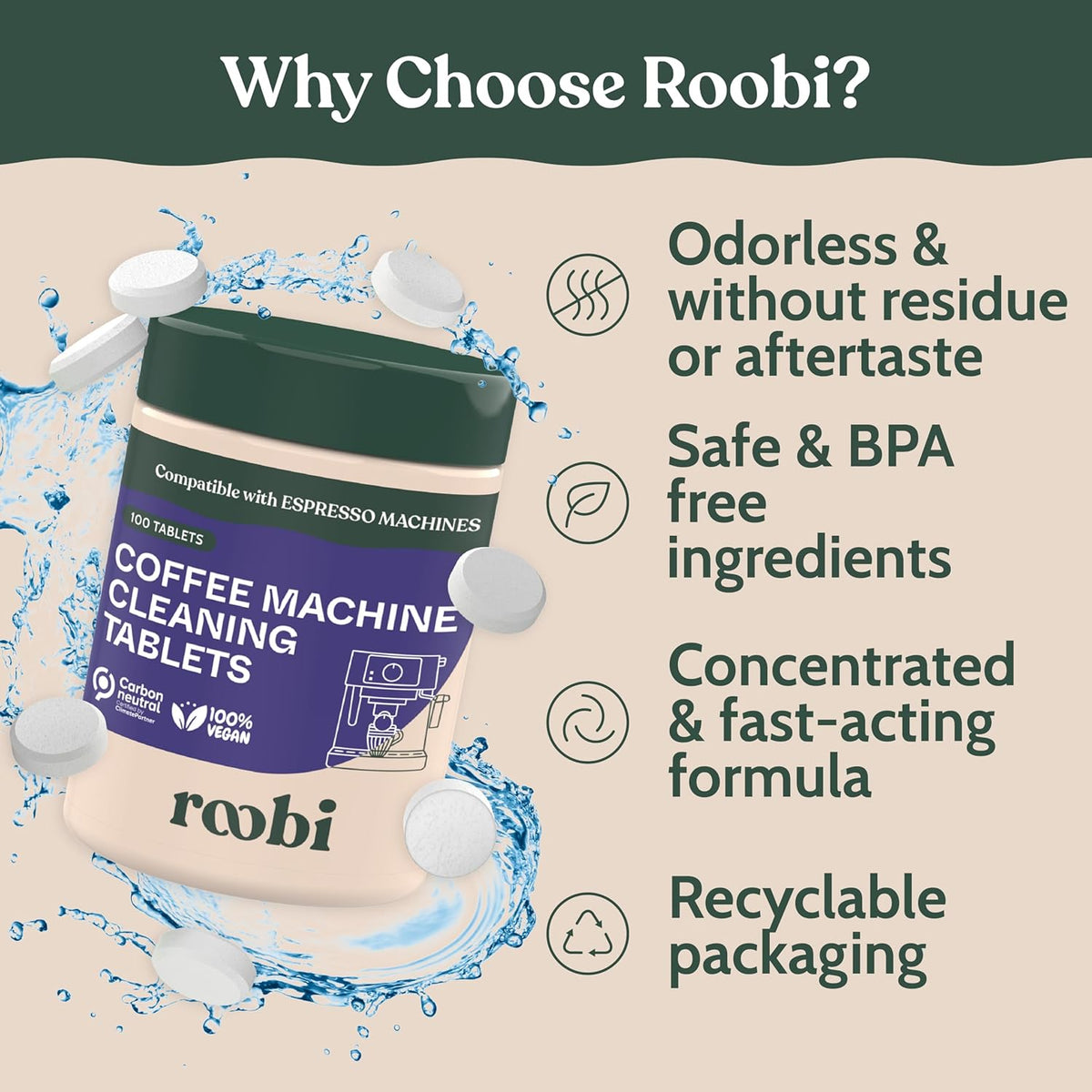 Roobi Espresso Machine Cleaning Tablets. Coffee Machine Cleaner Tabs. 100 Count Carbon Neutral Espresso Clean Pack.