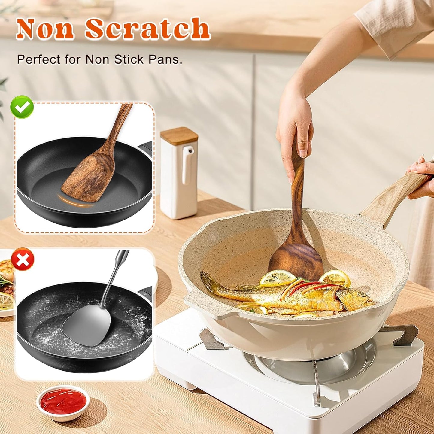 2Pcs Wooden Spatula, Acacia Solid & Slotted Turner Spatula Set, Long Handle Flat Frying Spatulas, Ideal Kitchen Gift for Mother and Grandma, Kitchen Utensils Set for Cooking, Frying, Baking
