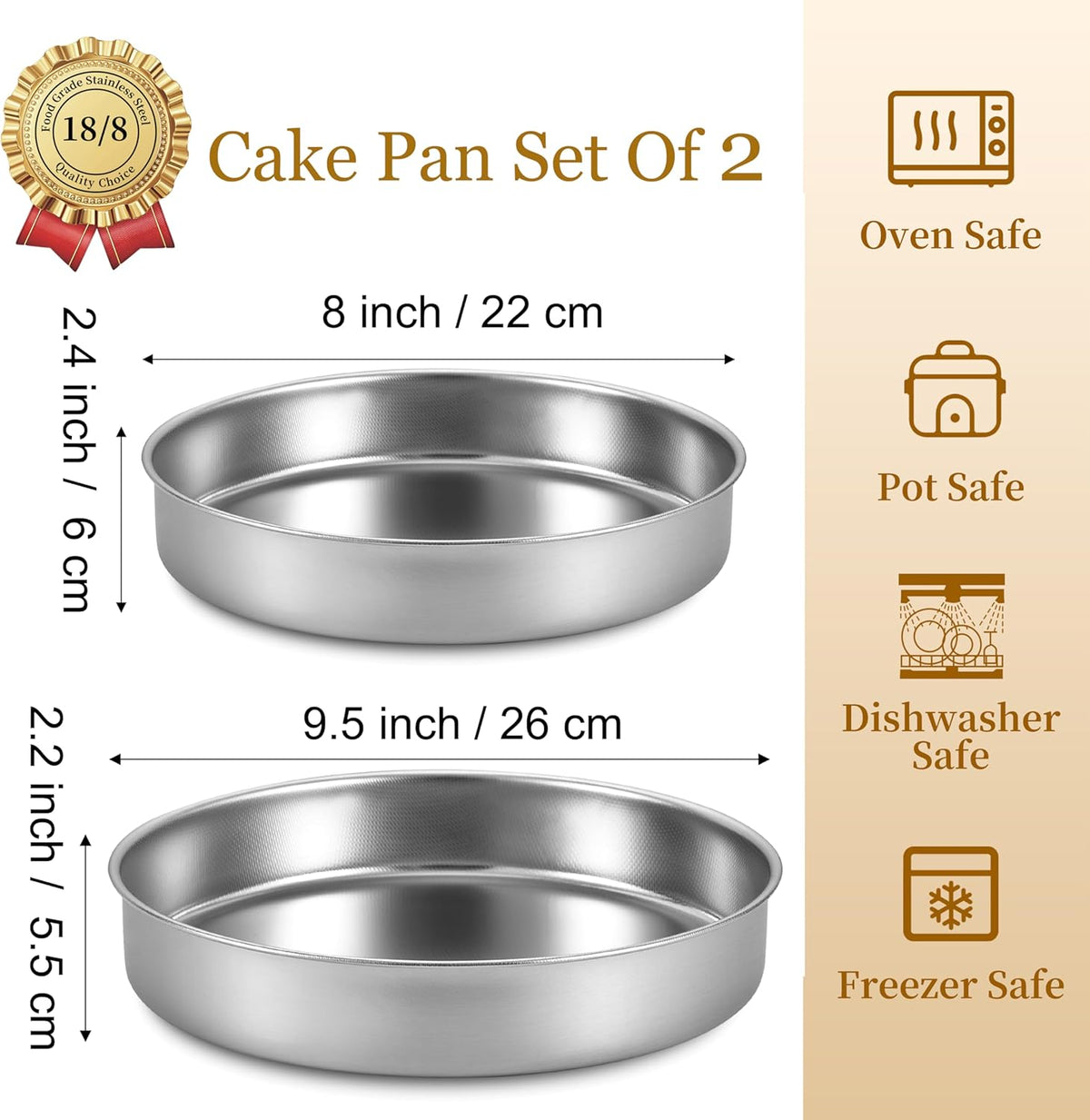 Inqibee Round Cake Pan Set of 2,18/8 Stainless Steel Round Cake Baking Pans,8-9.5 Inch,Physics Anti-Stick and Scratch,Non-Toxic and Easy to Clean