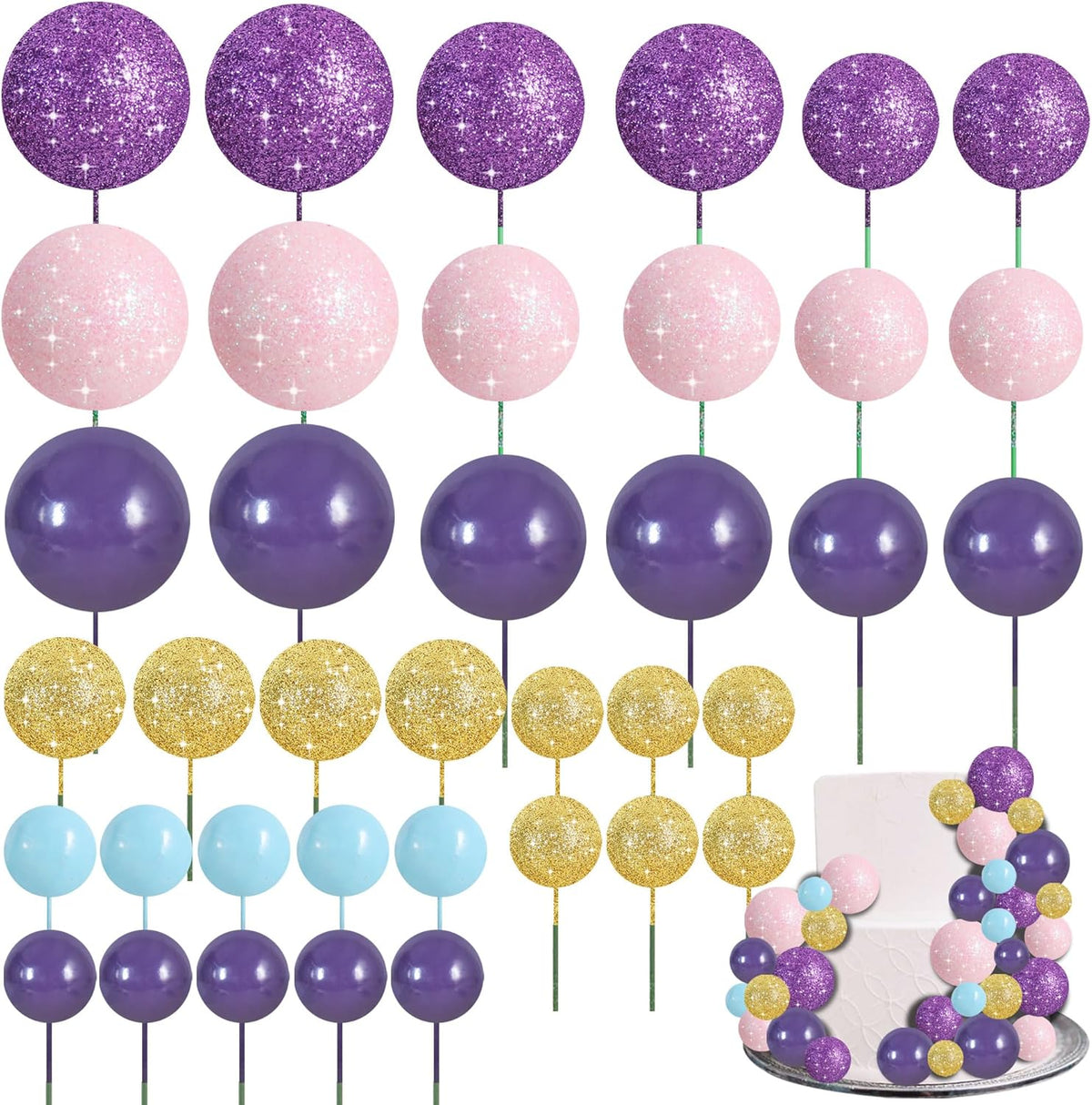 BEISHIDA 40 Pcs Foam Ball Cake Toppers with Sticks Mini Cake Decorations for Birthdays, Weddings, Baby Showers, DIY Baking Supplies, Anniversary Party (Purple, Rose, Gold, Blue)