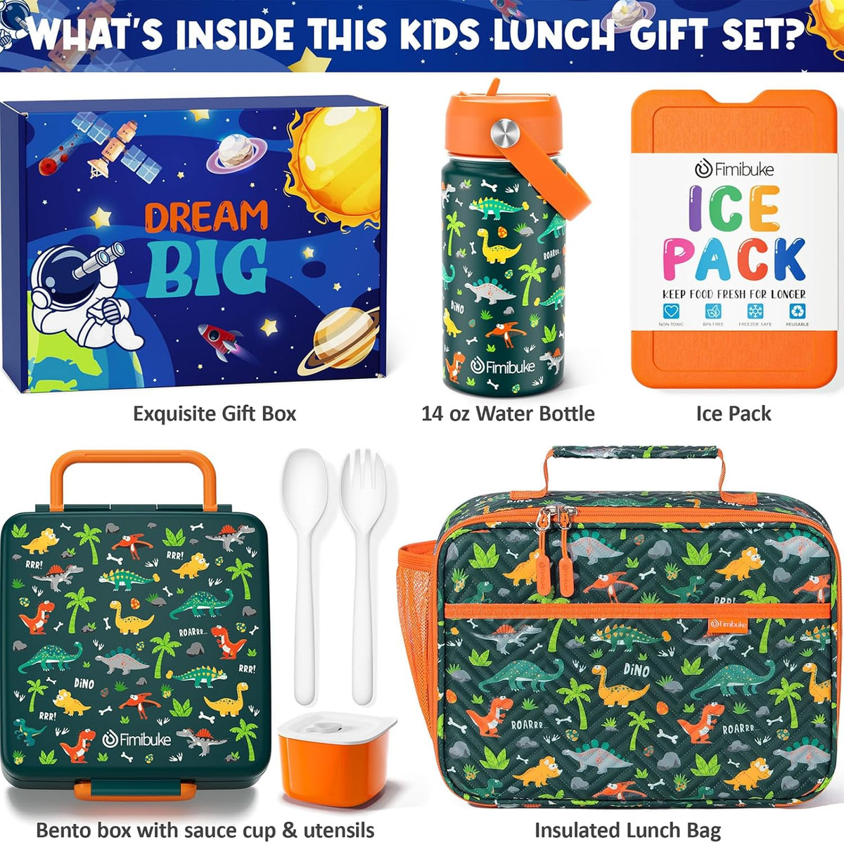 Fimibuke Kids Bento Lunch Box with 4 Compartments, Insulated lunch Bag, Stainless Steel Insulated Water Bottle, Ice Pack & Utensils Set, Birthday Gifts for Ages 3-12 Back to School Toddler Girls Boys