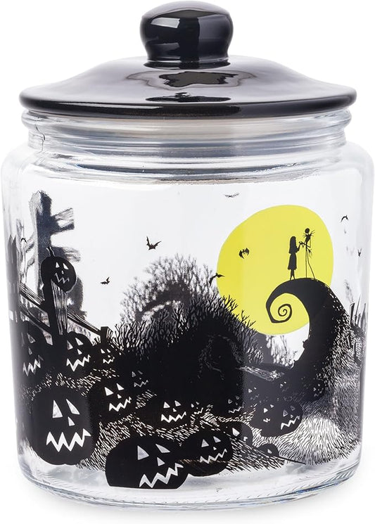 Silver Buffalo Disney Tim Burton Nightmare Before Christmas Moon Hill Graveyard Scene Jack Skellington and Sally Glass Cookie Snack Candy Jar with Lid (Small)