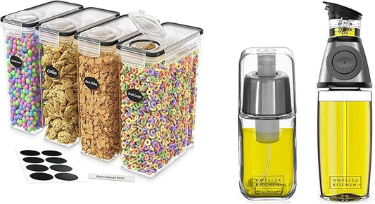 DWËLLZA KITCHEN 4 Pack Cereal Containers Storage - 17 oz Olive Oil Dispenser Bottle & 6 oz Glass Olive Oil Sprayer