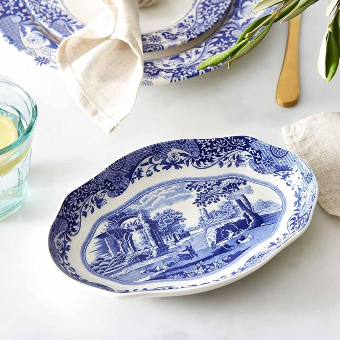 Spode Blue Italian Pickle Dish - 8.5" Porcelain Appetizer Tray with Scroll Border & Countryside Artwork - Elegant Small Serving Piece for Entertaining & Dining Displays - Great Gift for Collectors