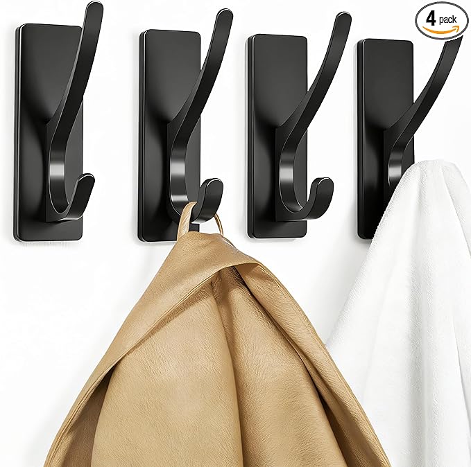 pickpiff Self Adhesive Coat Hooks for Hanging: Heavy Duty Stainless Wall Hook for Towel, Backpack, Hat, Sturdy Metal Hanger for Bathroom, Bedroom, Door, 4-Pack, Matt Black