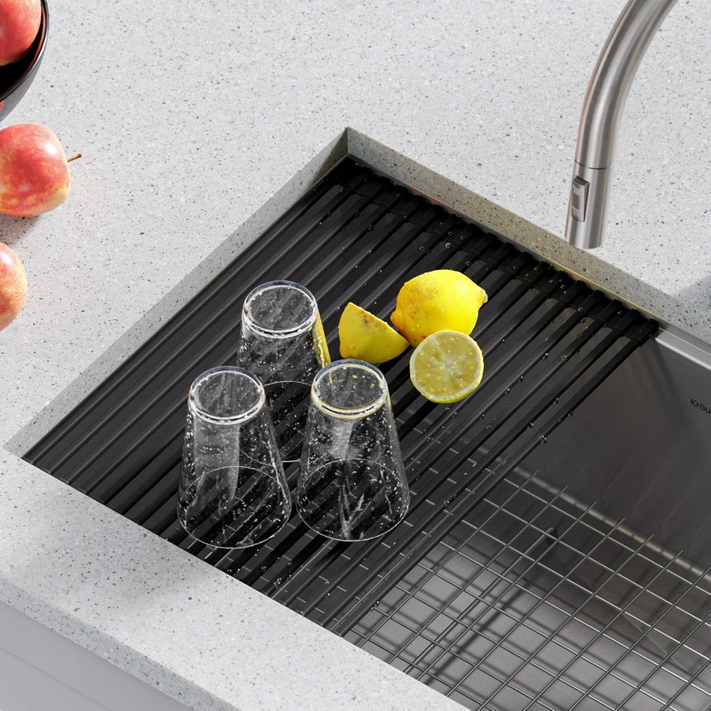 Kraus Multipurpose Workstation Sink Roll-Up Dish Drying Rack, Colander and Trivet in Red, KRM-11RD