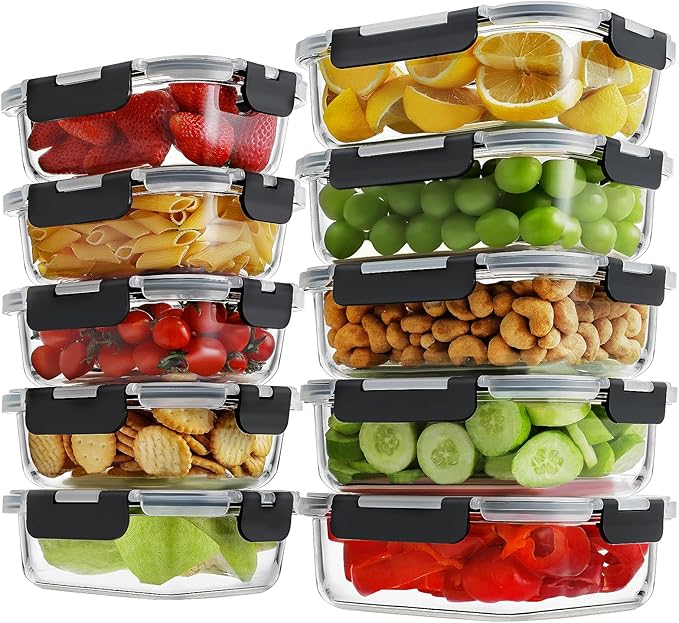 HOMBERKING 10 Pack Borosilicate Glass Meal Prep Containers with Locking Lids, Glass Food Storage Containers Set, Airtight Lunch Bento Boxes, BPA-Free & Leak Proof, 36oz & 14oz, Freezer, Oven Safe