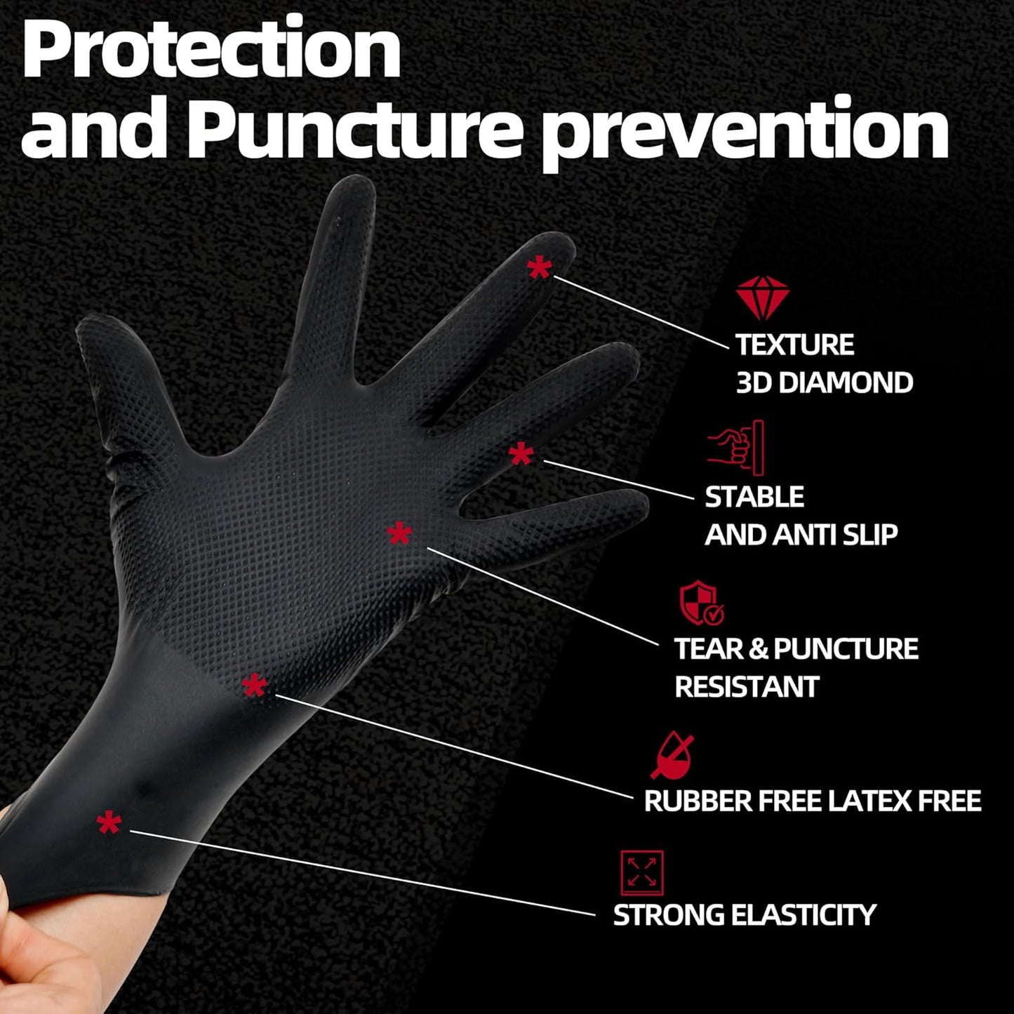 Jointown Basic Heavy Duty Nitrile Gloves, Mechanic Gloves 8 Mil Nitrile Disposable, with Raised Diamond Texture, Case of 100, Black, Medium