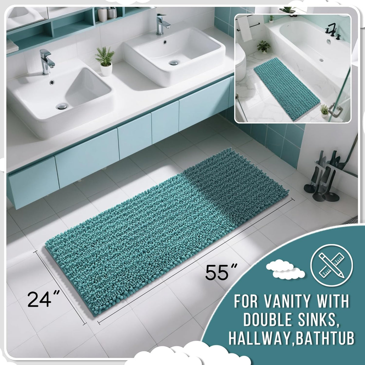 Yimobra Bathroom Runner Rug 55x24 Inch - Extra Long Non Slip Chenille Bath Mat, Soft & Absorbent, Machine Washable Shaggy Hallway Carpet for Vanity Tub Shower, Teal Blue Home Decor Accessories