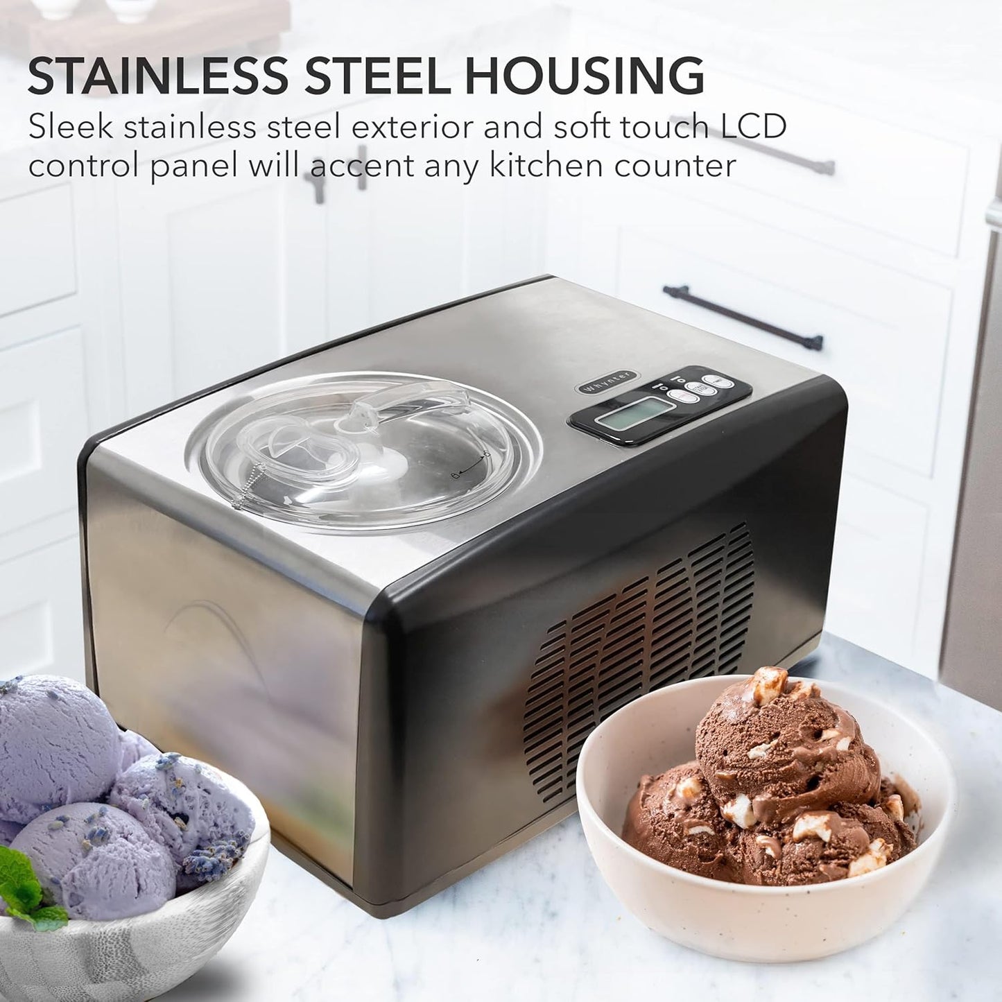 Whynter Ice Cream Maker Machine 1.6 Qt. Automatic with Built-In Compressor, LCD Digital Display & Timer, No Pre-Freezing, ICM-15LS, Stainless Steel