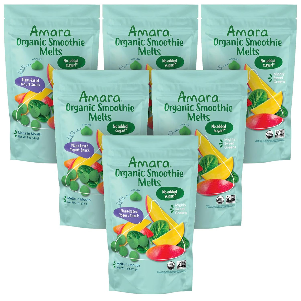 Amara Smoothie Melts - Mighty Sweet Greens - Baby Snacks Made With Fruits and Vegetables - Healthy Toddler Snacks For Your Kids Lunch Box - Organic Plant Based Yogurt Melts - 6 Resealable Bags