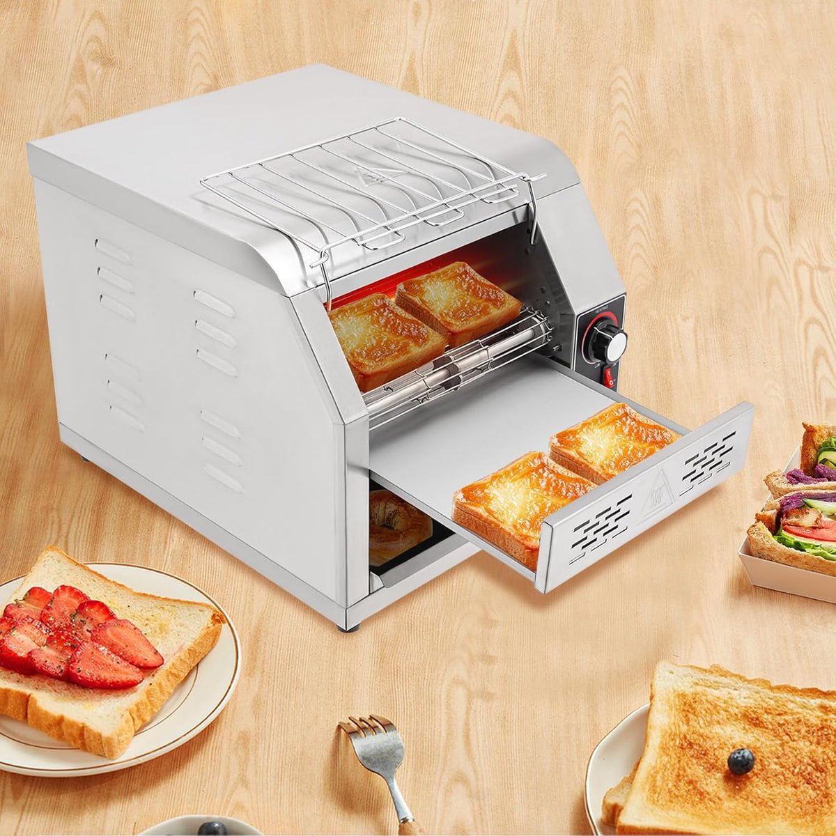 300 Slices/H Commercial Electric Conveyor Toaster Stainless Steel Bread Toaster For Bagel Burgers Bun Baked Food, 1900W Heavy Duty Restaurant Bakery