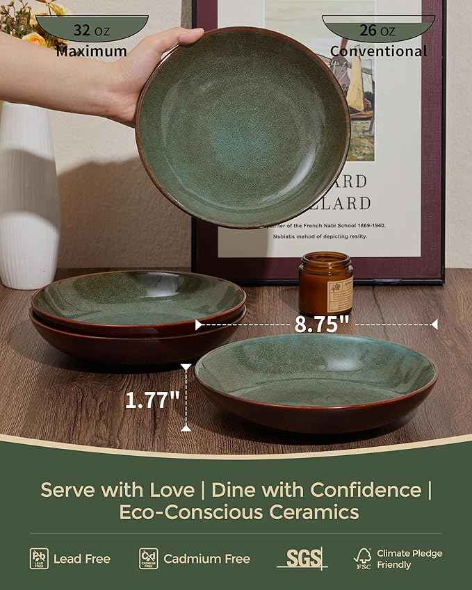 16 Piece Double Bowl Dinnerware Sets with Pasta Bowls, Highly Chip and Crack Resistant Plates and Bowls Sets, Natural Earthyware Ceramic Dishware Sets, Service for 4 Sage Green