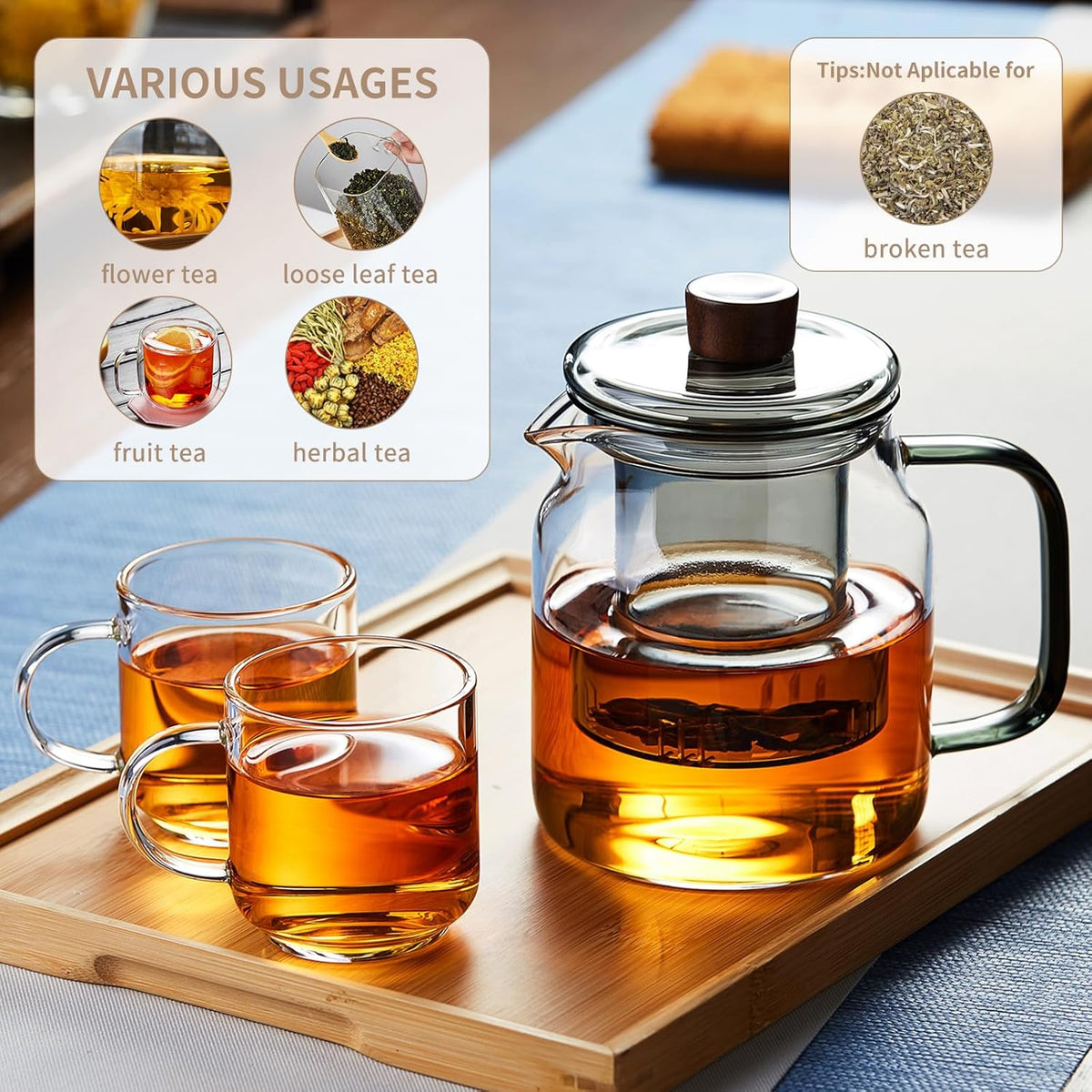 Glass Tea Pot, 560ML Borosilicate Glass Teapot (Gray) with Detachable Glass Tea Infuser, Clear Loose Leaf Glass Tea Kettle, Blooming Tea, Tea bag 19OZ