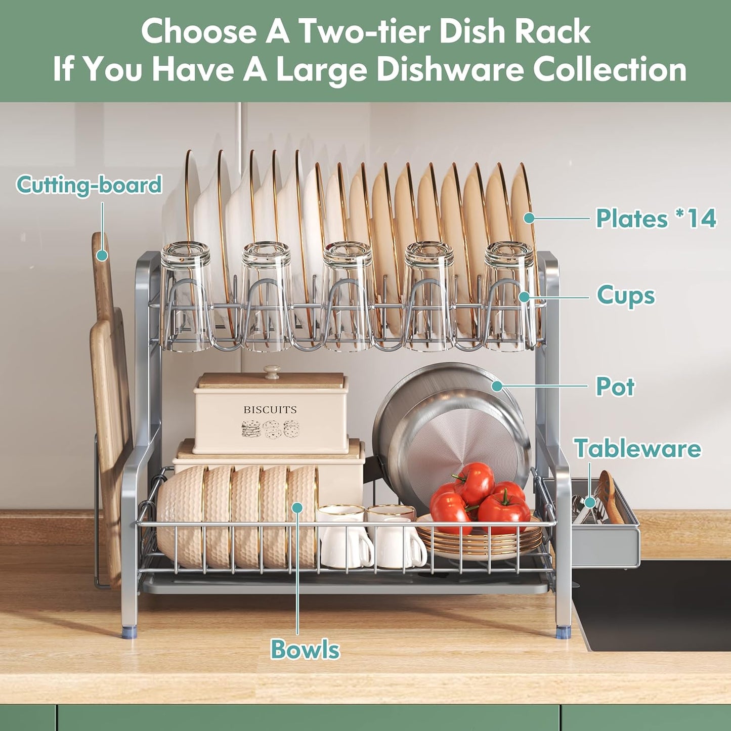2 Tier Dish Drainers Drying Rack for Kitchen Counter Large Stainless Steel Dishes Drain with Drainboard, Space Saving, Big Modern Silver Countertop Metal Plates Dryer Strainer Holder and Extra Tray
