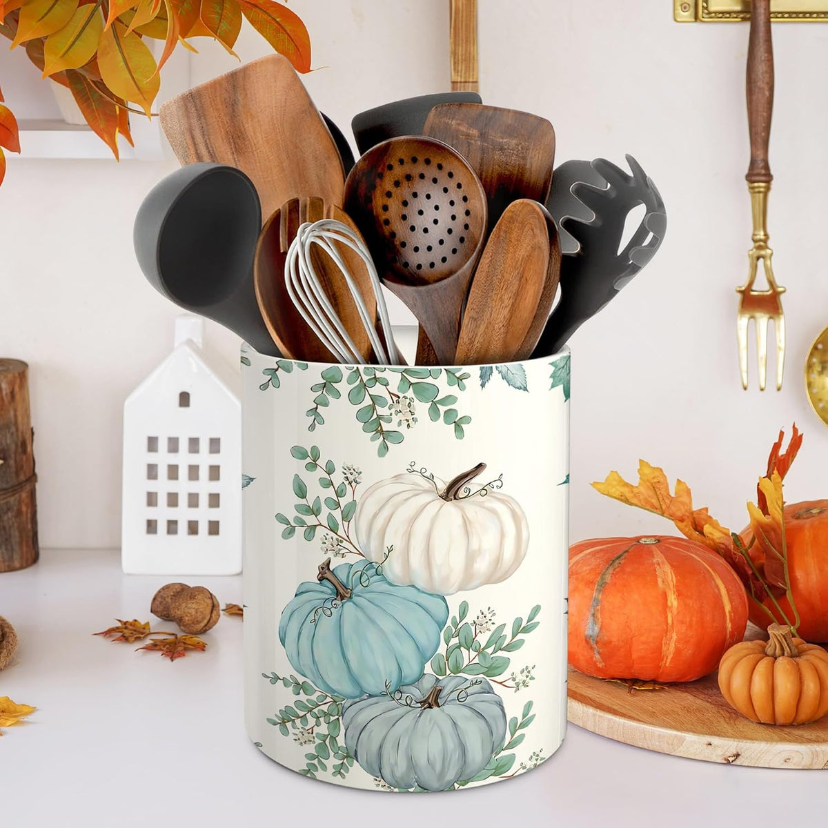 pinata Fall Kitchen Decor Ceramic Utensil Holder, Farmhouse Fall Eucalyptus Blue Pumpkin Utensils Holder, Ceramic Utensils Crock for Rustic Indoor Kitchen Decorations(6.3 Inches)