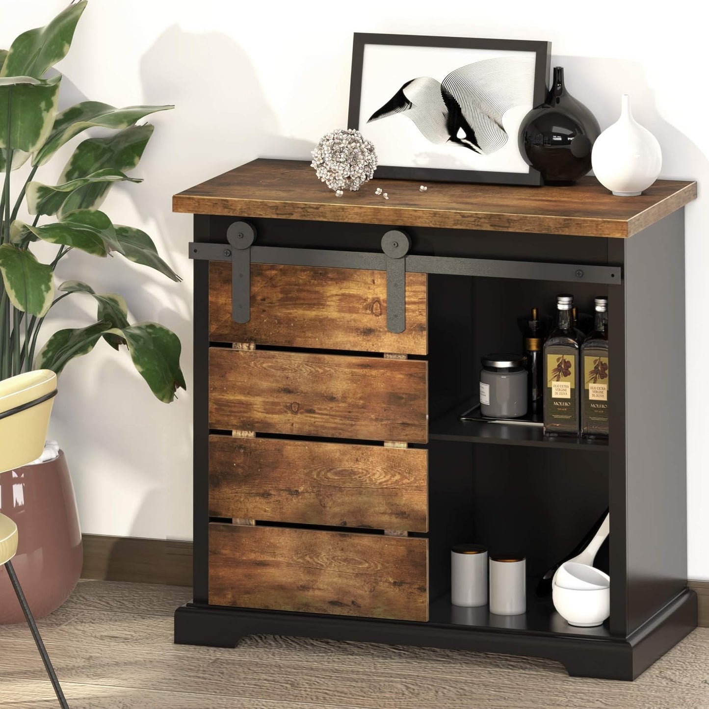 NSdirect Sideboard Coffee Bar Cabinet,Modern Farmhouse Buffet Station Sliding Barn Door Storage Credenza Console with Slat and Shelf Entryway Storage Cabinet Kitchen Dining Living Room, Black
