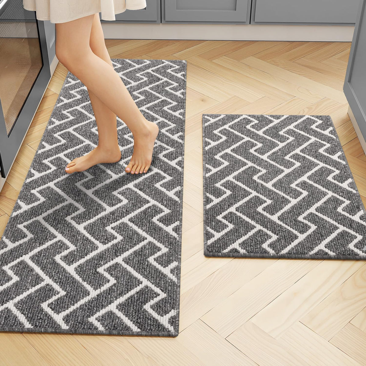 hicorfe Kitchen Rugs and Mats Sets,Non-Slip 2 Pieces Absorbent 100% Polypropylene Rug,Comfort Kitchen Runner Mat,Washable for Kitchen,Sink,Laundry(20" x 31.5" Plus 20" x 48",Grey)