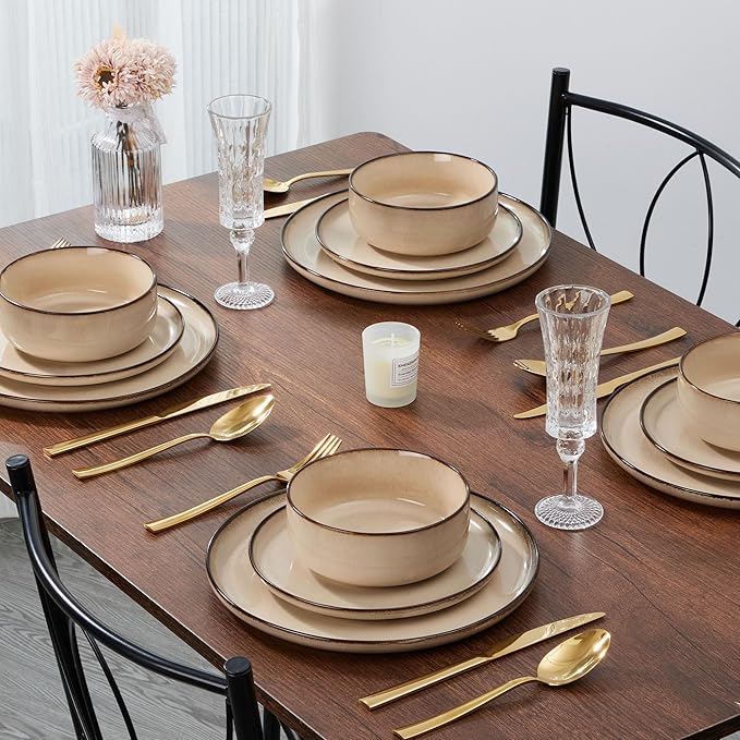 E-far 6-Piece Plates and Bowls Set, Stoneware Dinnerware Sets for 2, Reactive Glaze Ceramic Dinning Ware Dishes, Microwave & Dishwasher Safe - Sandy Beige